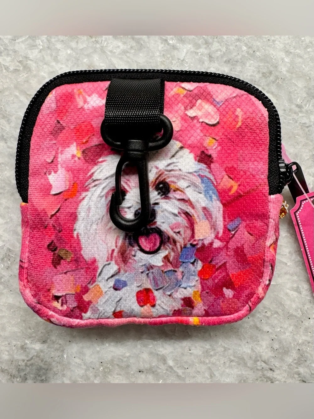 New Maltese Pink Zip Bag Dog Walk Treat Accessory Pouch w/ Clip & Charm - 4”x4”